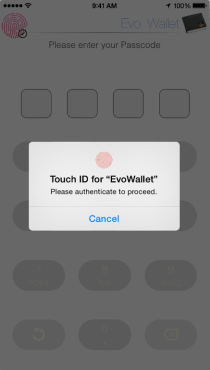 EvoWallet, Apple's Touch ID/Face ID support, Access to your data more secure and faster.