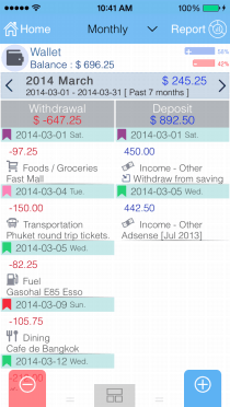 EvoWallet, account transactions : Two sides view style.