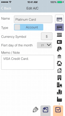 EvoWallet, Account : Edit name, icon and currency symbol for each account.