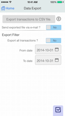 EvoWallet, Export : Easy to export all or time period to CSV file formatted, with option to send via e-mail.